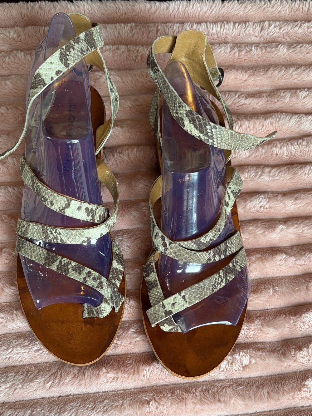 Lucky Brand Snake-Print Strappy Sandals in Beige and Brown